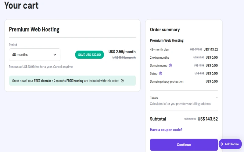 image of hostinger cart overview showing 