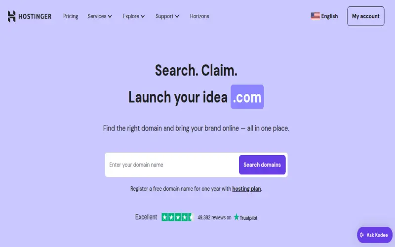 image showing the domain searchbox on hostinger domain provider